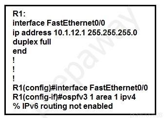 Ri:
interface FastEthernet0/0

ip address 10.1.12.1 255.255.255.0
duplex full

end

R1(config}#interface FastEthernet0/0
Ri (config-if#ospfv3 1 area 4 ipv4
% IPV6 routing not enabled