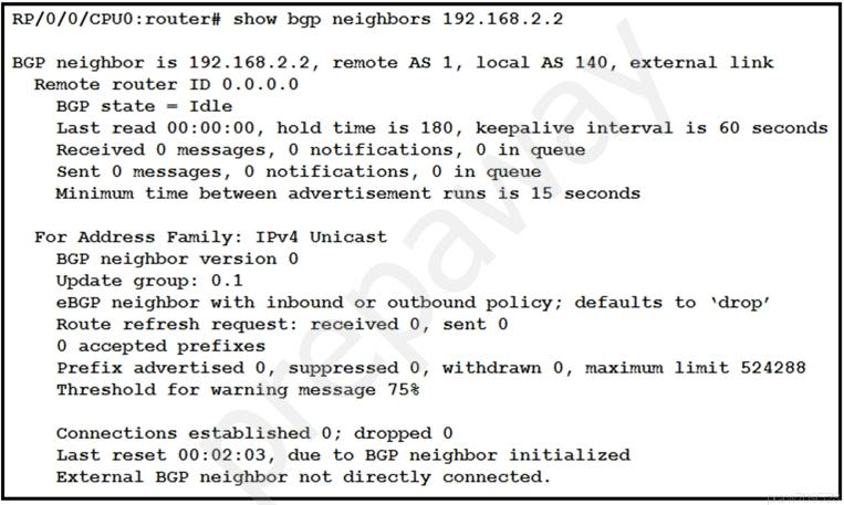 RP/0/0/CPU0:router# show bgp neighbors 192.168.2.2

BGP neighbor is 192.168.2.2, remote AS 1, local AS 140, external link
Remote router ID 0.0.0.0

BGP state = Idle

Last read 00:00:00, hold time is 180, keepalive interval is 60 seconds
Received 0 messages, 0 notifications, 0 in queue

Sent 0 messages, 0 notifications, 0 in queue

Minimum time between advertisement runs is 15 seconds

For Address Family: IPv4 Unicast
BGP neighbor version 0
Update group: 0.1
eBGP neighbor with inbound or outbound policy; defaults to ‘drop’
Route refresh request: received 0, sent 0
0 accepted prefixes

Prefix advertised 0, suppressed 0, withdrawn 0, maximum limit 524288
Threshold for warning message 75%

Connections established 0; dropped 0
Last reset 00:02:03, due to BGP neighbor initialized
External BGP neighbor not directly connected.