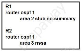 Rt
router ospf1
area 2 stub no-summary

R2
router ospf1
area 3nssa