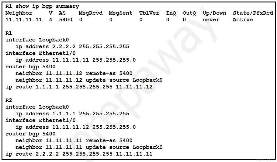 Rl show ip bgp summary
Neighbor v as MsgRcvd MsgSent Tblver InQ OutQ Up/Down State/PfxRcd
11.11.11.11 4 5400 0 0) C) 0) C) never = Active

RL
interface Loopback
ip address 2.2.2.2 255.255.255.255
interface Ethernet1/0
ip address 11.11.11.11 255.255.255.0
router bgp 5400
neighbor 11.11.11.12 remote-as 5400
neighbor 11.11.11.12 update-source Loopback0
ip route 1.1.1.1 255.255.255.255 11.11.11.12

R2
interface Loopback
ip address 1.1.1.1 255.255.255.255
interface Ethernet1/0
ip address 11.11.11.12 255.255.255.0
router bgp 5400
neighbor 11.11.11.11 remote-as 5400
neighbor 11.11.11.11 update-source Loopback0
ip route 2.2.2.2 255.255.255.255 11.11.11.11