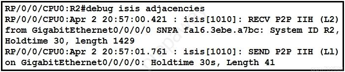 RP/0/0/CPU0:R2#debug isis adjacencies
RP/0/0/CPUO:Apr 2 20:57:00.421 : isis[1010]: RECV P2P IIH (L2
from GigabitEthernet0/0/0/0 SNPA fal6.3ebe.a7bc: System ID R2,

Holdtime 30, length 1429
RP/0/0/CPUO:Apr 2 20:57:01.761 : isis[1010]: SEND P2P IIH (L1
on GigabitEthernet0/0/0/0: Holdtime 30s, Length 41