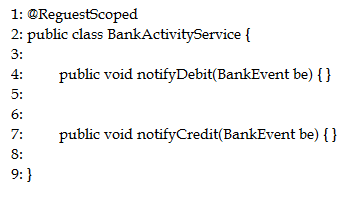 1: @ReguestScoped
2: public class BankActivityService {
3:

public void notifyDebit(BankEvent be) {}

4:
5:
6
7: public void notifyCredit(BankEvent be) {}
8:
o

a)