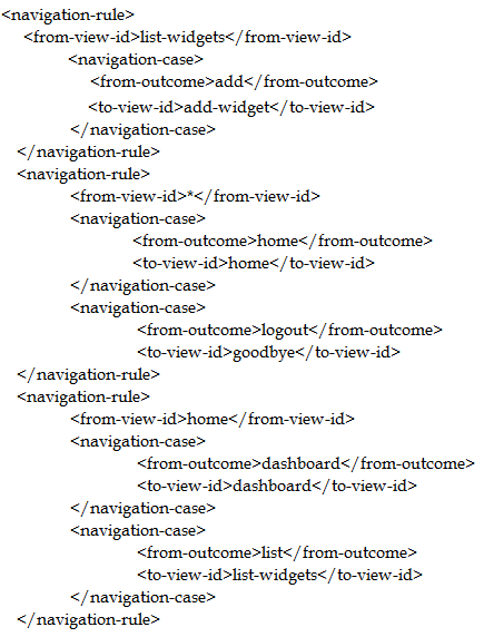 <navigation-rule>
<from-view-id>list-widgets</from-view-id>
<navigation-case>
<from-outcome>add</from-outcome>
<to-view-id>add-widget</to-view-id>
</navigation-case>
</navigation-rule>
<navigation-rule>
<from-view-id>*</from-view-id>
<navigation-case>
<from-outcome>home</from-outcome>
<to-view-id>home</to-view-id>
</navigation-case>
<navigation-case>
<from-outcome>logout</from-outcome>
<to-view-id> goodbye</to-view-id>
</navigation-rule>
<navigation-rule>
<from-view-id>home</from-view-id>
<navigation-case>
<from-outcome>dashboard</from-outcome>
<to-view-id>dashboard</to-view-id>
</navigation-case>
<navigation-case>
<from-outcome>list</from-outcome>
<to-view-id>list-widgets</to-view-id>
</navigation-case>
</navigation-rule>