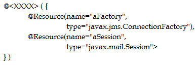 BOOK ({
‘@Resource(name="aFactory",
type="javax.jms.ConnectionFactory"),
@Resource(name="aSession",
type="javax.mail.Session">
)