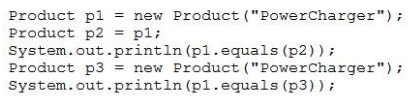 Product pl = new Product ("PowerCharger
Product p2 = pl;

System. out.printIn (pl.equals (p2));
Product p3 = new Product ("PowerCharger
System. out.printIn (p1.equals (p3));