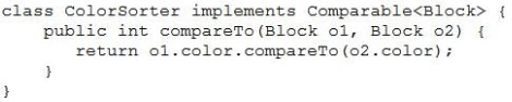 class ColorSorter implements Comparable<Block> {
public int compareTo(Block oi, Block 02) {
return o1.color.compareTo (02.color) ;
}