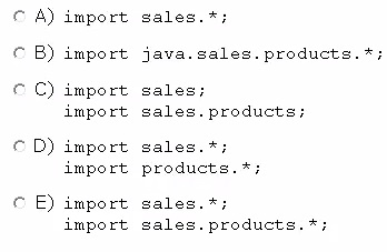 4)
B)
c)

Dd)

E)

import
import

import
import

import
import

import
import

sales.*;

java.sales. products. *;

sales;
sales. products;

sales.*;
products. *;

sales.*;
sales. products.*;