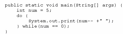 public static void main(string[] args) {
int num = 5;
do {
System. out. print (num-- +" ");
} while (num == 0);