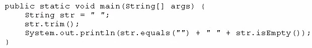 public static void main(string[] args) {

String str ;
str.trim();
System. out. println(str.equals("") +

+ str. isEmpty ());
