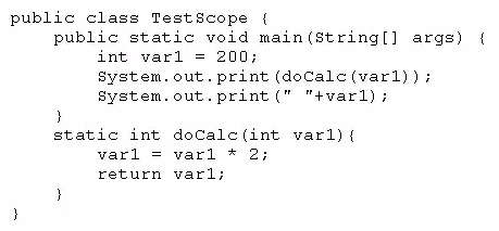 public class TestScope {

public static void main(string[] args) {
int varl = 200;
system. out. print (doCale(varl)) i
system.out.print(" "+varl);

i

static int doCale(int varl){
varl = varl * 2;
return