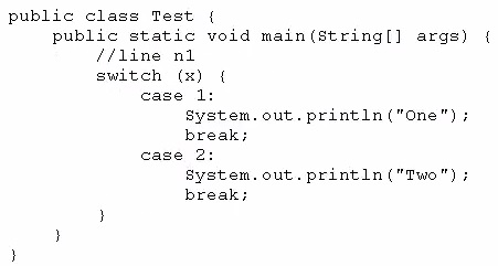 public class Test {
public static void main(string[] args) {
ffline nl
switch (x) {
case 1:

system. out. println ("one");
break;

case 2:
system. out. println ("two");
break;