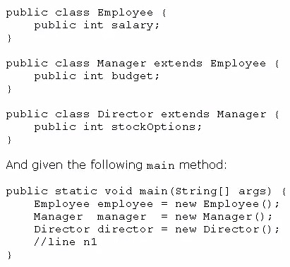 public class Employee {
public int salary;
d

public class Manager extends Employee {
public int budget;
}

public class Director extends Manager {
public int stockoptions;
}

And given the following main method

public static void main(string[] args) {
Employee employee = new Employee ();
Manager manager = new Manager ();
Director director = new Director ();
ffline nl