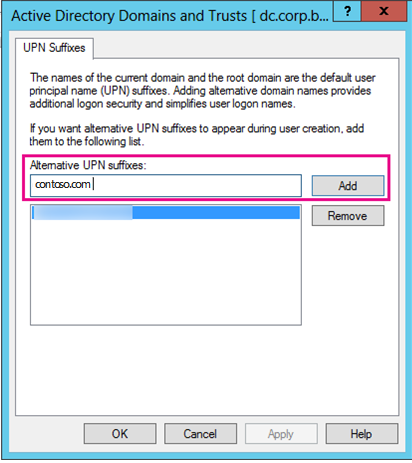 UPN Suffixes

‘The names ofthe current domain and the root domain are the default user
Principal name (UPN) suffixes. Adding atemative domain names provides
‘addtional lagon securty and simplfies user logon names.

|fyou want atemative UPN suftes to appear during user creation. add
them to the following ist