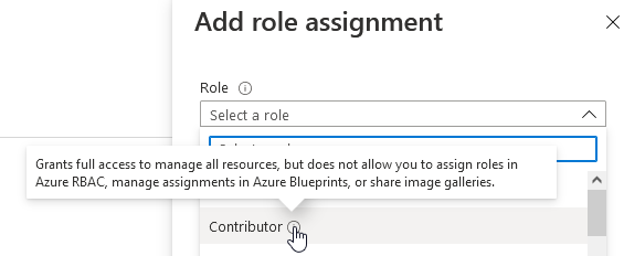 Add role assignment

Role ©

{ select a role

Grants full access to manage all resources, but does not allow you to assign roles in
‘Azure RBAC, manage assignments in Azure Blueprints, or share image galleries.

GoD