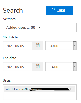 Search

Activities

Added user, ... (8) >

Start date
2021-06-05 a 00:00
End date
2021-06-05 a 14:00
Users,

whizlabadrin@ a.