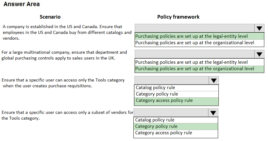 Answer Area

Scenario

‘A company is established in the US and Canada. Ensure that
employees in the US and Canada buy from different catalogs and
vendors.

For a large multinational company, ensure that department and
global purchasing controls apply to sales users in the UK.

Ensure that a specific user can access only the Tools category

Policy framework
Vv
[Purchasing policies are set up at the legal-entity level
[Purchasing policies are set up at the organizational level
Vv

[Purchasing policies are set up at the legal-entity level
[Purchasing policies are set up at the organizational level

when the user creates purchase requisitions.

Ensure that a specific user can access only a subset of vendors for,

Vv
Catalog policy rule
Category policy rule
Category access policy rule

Vv

the Tools category.

Catalog policy rule
Category policy rule
Category access policy rule