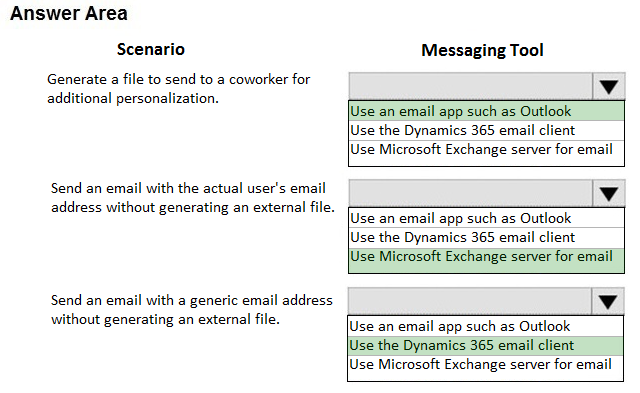 Answer Area

Scenario Messaging Tool

Generate a file to send to a coworker for v
additional personalization.

[Use an email app such as Outlook

lUse the Dynamics 365 email client

lUse Microsoft Exchange server for email

Send an email with the actual user's email v
address without generating an external file. -
lUse an email app such as Outlook
lUse the Dynamics 365 email client
lUse Microsoft Exchange server for email

Send an email with a generic email address
without generating an external file.

Vv

[Use an email app such as Outlook
lUse the Dynamics 365 email client
lUse Microsoft Exchange server for email