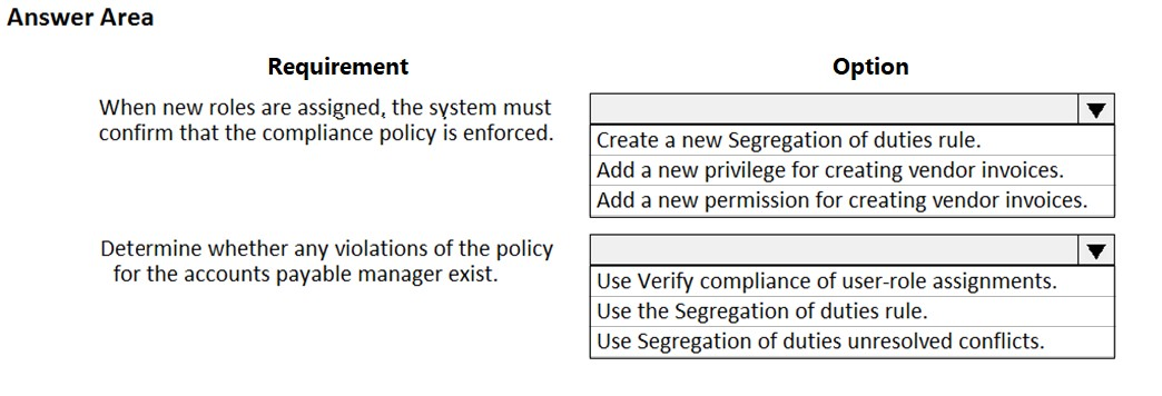 Answer Area

Requirement

When new roles are assigned, the system must
confirm that the compliance policy is enforced.

Determine whether any violations of the policy
for the accounts payable manager exist.

Option

Po
Create a new Segregation of duties rule.
Add a new privilege for creating vendor invoices.

Add a new permission for creating vendor invoices.

foo
Use Verify compliance of user-role assignments.
Use the Segregation of duties rule.

Use Segregation of duties unresolved conflicts.