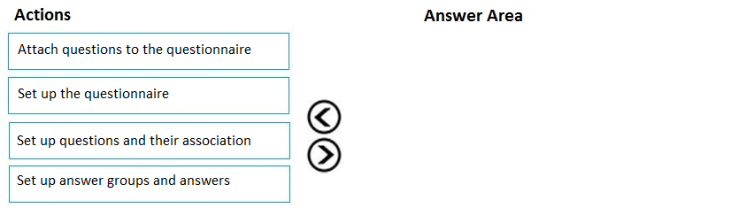 Actions Answer Area

Attach questions to the questionnaire

Set up the questionnaire

Set up questions and their association

GO

Set up answer groups and answers