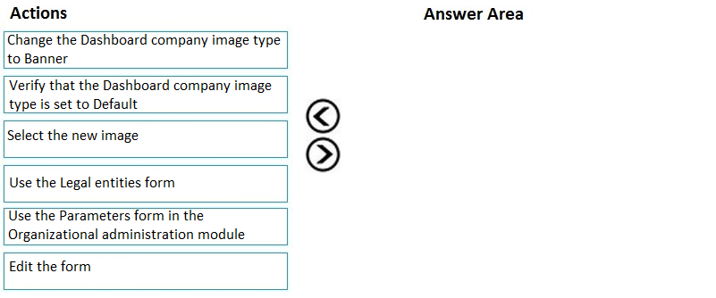 Actions

‘Change the Dashboard company image type
to Banner

Verify that the Dashboard company image
type is set to Default

Select the new image

Use the Legal entities form

Use the Parameters form in the.
Organizational administration module

Edit the form

GO

Answer Area