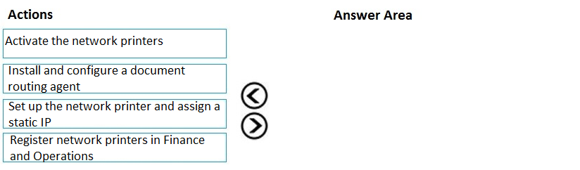 Actions Answer Area

‘Activate the network printers

Install and configure a document
routing agent

Set up the network printer and assign a
static IP

Register network printers in Finance
and Operations

GO