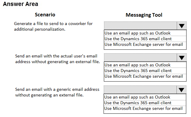 Answer Area

Scenario Messaging Tool

Generate a file to send to a coworker for v
additional personalization.

lUse an email app such as Outlook

lUse the Dynamics 365 email client

lUse Microsoft Exchange server for email

Send an email with the actual user's email v
address without generating an external file. -
lUse an email app such as Outlook
lUse the Dynamics 365 email client
lUse Microsoft Exchange server for email

Send an email with a generic email address
without generating an external file.

Vv

[Use an email app such as Outlook
lUse the Dynamics 365 email client
lUse Microsoft Exchange server for email