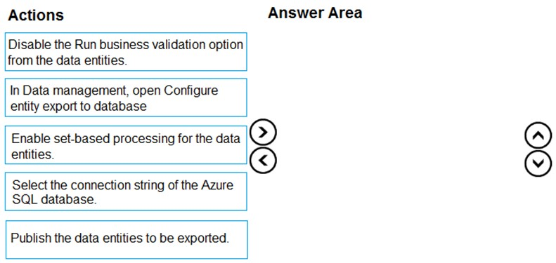 Actions

Answer Area

Disable the Run business validation option
from the data entities.

In Data management, open Configure
entity export to database

Enable set-based processing for the data
entities.

Select the connection string of the Azure
SQL database.

Publish the data entities to be exported.

@
©

©)