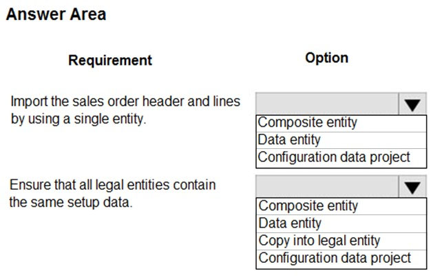 Answer Area

Requirement Option
Import the sales order header and lines | v
by using a single entity. [Composite entity
Data entity
Configuration data project
Ensure that all legal entities contain | Vv
the same setup data. Composite entity
Data entity
‘Copy into legal entity
‘Configuration data project