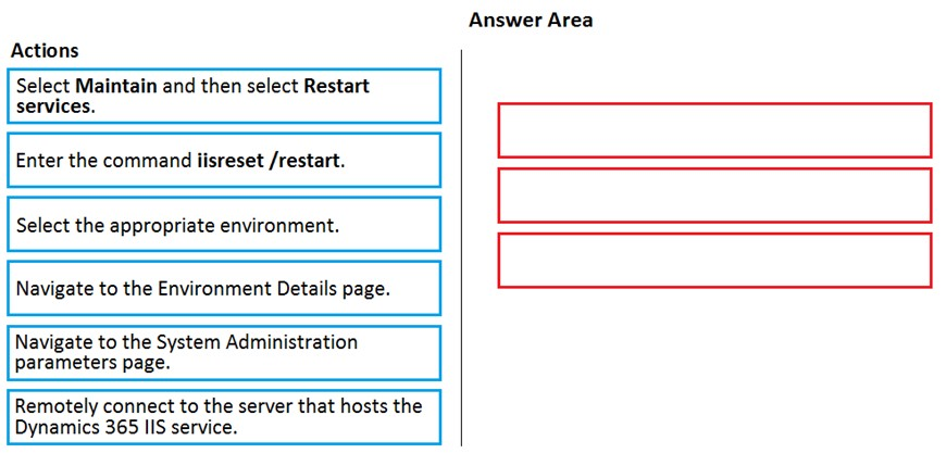 Answer Area
Actions

Select Maintain and then select Restart
— (tc tst—“‘izCOY
Enter the command iisreset /restart.

Select the appropriate environment.
Navigate to the Environment Details page. Lo

Navigate to the System Administration
parameters page.

Remotely connect to the server that hosts the
Dynamics 365 IIS service.