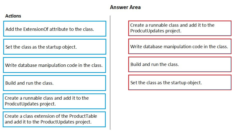 Actions

Add the ExtensionOf attribute to the cla

Set the class as the startup object.

Write database manipulation code in the class.
Build and run the class.

Create a runnable class and add it to the
ProdcutUpdates proje

Create a class extension of the ProductTable
and add it to the ProductUpdates project.

Answer Area

Create a runnable class and add it to the
ProdcutUpdates project.

Write database manipulation code in the class.

Build and run the class.

Set the class as the startup object.