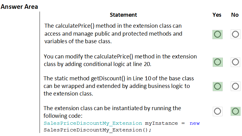 Answer Area

Statement

The calculatePrice() method in the extension class can
access and manage public and protected methods and
variables of the base class.

You can modify the calculatePrice() method in the extension
class by adding conditional logic at line 20.

The static method getDiscount() in Line 10 of the base class
can be wrapped and extended by adding business logic to
the extension class.

The extension class can be instantiated by running the

following code:
SalesPriceDiscountMy Extension myInstance = new
SalesPriceDiscountMy_Extension();

Yes

No