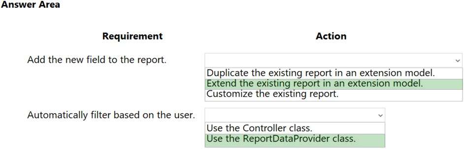 Answer Area

Requirement Action

Add the new field to the report.

Duplicate the existing report in an extension model.
|Extend the existing report in an extension model.
Customize the existing report.

Automatically filter based on the user. v

Use the Controller class.
Use the ReportDataProvider class.
