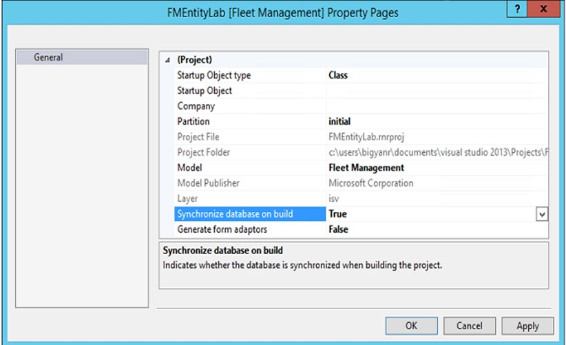 4 (Project)
Startup Object type
Startup Object
Company
Partition
Project File
Project Folder
Model
Model Publisher
Layer

Generate form adaptors

initial

FMEntityLab.mrproj

\users\bigyanr\documents\visual studio 2013\Projects\
Fleet Management

Microsoft Corporation

Synchronize database on build

Indicates whether the database is synchronized when building the project.