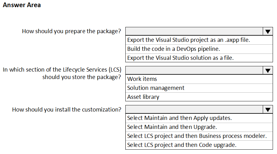 Answer Area

How should you prepare the package? Vv

Export the Visual Studio project as an .axpp file.
Build the code in a DevOps pipeline.
Export the Visual Studio solution as a file.

In which section of the Lifecycle Services (LCS) Vv

should you store the package? [Work items

Solution management
Asset library

How should you install the customization? Vv

Select Maintain and then Apply updates.

Select Maintain and then Upgrade.

Select LCS project and then Business process modeler.
Select LCS project and then Code upgrade.