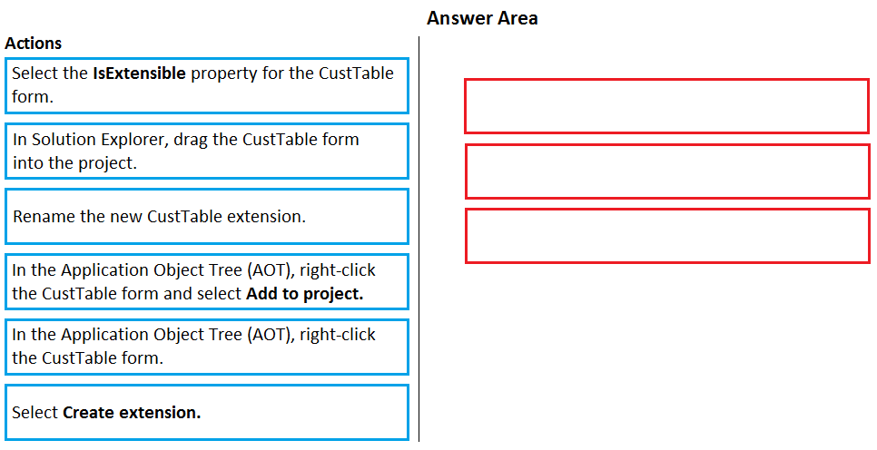 Actions

Select the IsExtensible property for the CustTable
form

In Solution Explorer, drag the CustTable form
‘0 the pre

Rename the new CustTable extension:

In the Application Object Tree (AOT), k

the CustTable form and select Add to project.

In the Application Object Tree (AOT), k
the CustTable form.
Select Create extension.

Answer Area