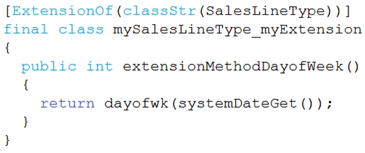 [ExtensionOf (classStr(SalesLineType) ) ]
final class mySalesLineType_myExtension
{
public int extensionMethodDayofWeek ()
{
return dayofwk (systemDateGet ());