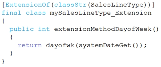 [ExtensionOf (classStr(SalesLineType) ) ]
final class mySalesLineType Extension
{

public int extensionMethodDayofWeek ()

{
return dayofwk (systemDateGet ());