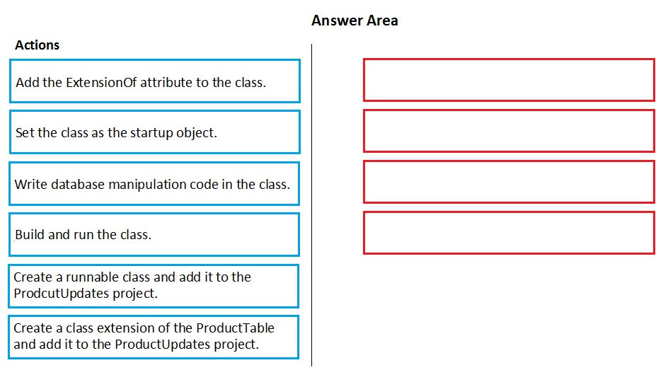 Answer Area

Actions

fomenwanarnan || (1 _*d
freemen || |
frsmcnwnereereen]| [|
fom |

Create a runnable class and add it to the
ProdcutUpdates proje

Create a class extension of the ProductTable
and add it to the ProductUpdates project.