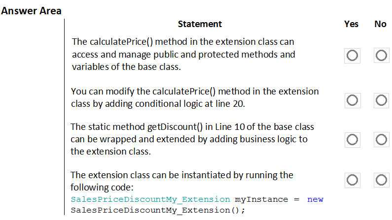 Answer Area

Statement

The calculatePrice() method in the extension class can
access and manage public and protected methods and
variables of the base class.

You can modify the calculatePrice() method in the extension
class by adding conditional logic at line 20.

The static method getDiscount() in Line 10 of the base class
can be wrapped and extended by adding business logic to
the extension class.

The extension class can be instantiated by running the

following code:
SalesPriceDiscountMy Extension myInstance = new
SalesPriceDiscountMy_Extension();

Yes

No