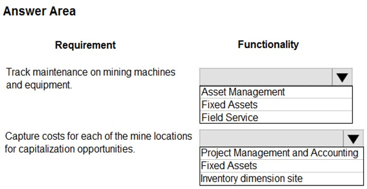 Answer Area

Requirement Functionality

Track maintenance on mining machines
and equipment.

Asset Management
Fixed Assets
Field Service

Capture costs for each of the mine locations | Vv

for capitalization opportunities. Project Management and Accounting

Fixed Assets
Inventory dimension site