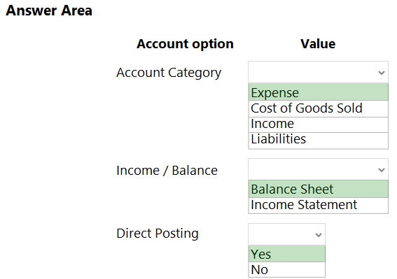 Answer Area

Account option

Account Category

Income / Balance

Direct Posting

Value

Expense

Cost of Goods Sold
Income

Liabilities

Balance Sheet
Income Statement

Yes |