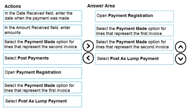 Actions

Answer Area

In the Date Received field, enter the
date when the payment was made

Open Payment Registration

In the Amount Received field, enter
amounts

Select the Payment Made option for
lines that represent the first invoice

Select the Payment Made option for
lines that represent the second invoice

Select the Payment Made option for
lines that represent the second invoice

Select Post Payments

@
©

Select Post As Lump Payment

Open Payment Registration

Select the Payment Made option for
lines that represent the first invoice

Select Post As Lump Payment

©