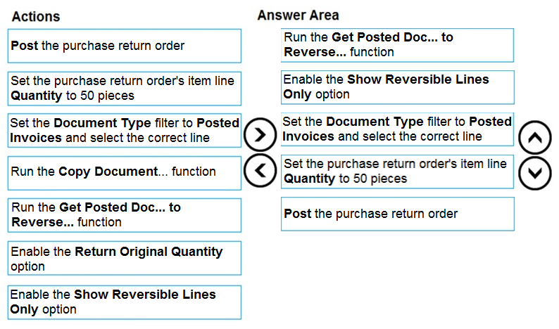 Actions

Answer Area

Post the purchase return order

Run the Get Posted Doc... to
Reverse... function

Set the purchase return order's item line
Quantity to 50 pieces

Enable the Show Reversible Lines
Only option

Set the Document Type filter to Posted
Invoices and select the correct line

‘Set the Document Type filter to Posted
Invoices and select the correct line

Run the Copy Document... function

@
©

Set the purchase return order's item line
Quantity to 50 pieces

Run the Get Posted Doc... to
Reverse... function

Post the purchase return order

Enable the Return Original Quantity
option

Enable the Show Reversible Lines
Only option

©O