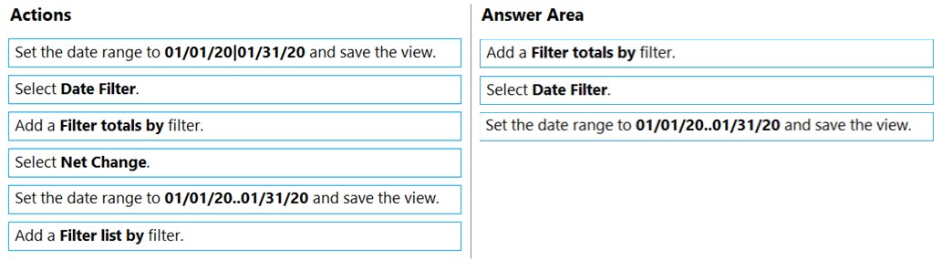 Actions Answer Area

Set the date range to 01/01/20|01/31/20 and save the view. Add a Filter totals by filter.
Select Date Filter. Select Date Filter.
Add a Filter totals by filter. Set the date range to 01/01/20..01/31/20 and save the view.

Select Net Change.

Set the date range to 01/01/20..01/31/20 and save the view.

Add a Filter list by filter.
