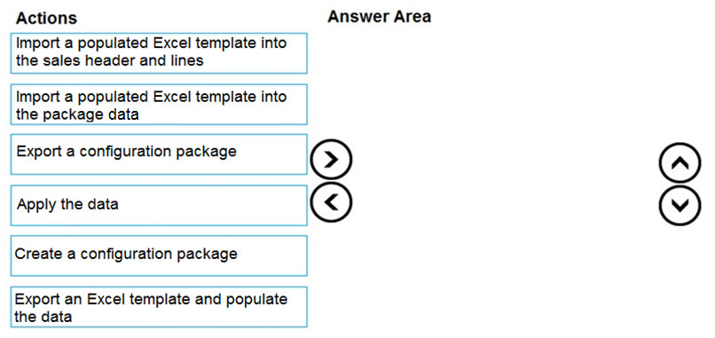 Actions

Import a populated Excel template into
the sales header and lines

Import a populated Excel template into
the package data

Export a configuration package

Apply the data

Create a configuration package

Answer Area

S)
©

Export an Excel template and populate
the data

©