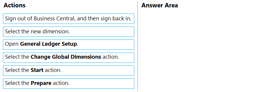 Actions Answer Area

Sign out of Business Central, and then sign back in.

Select the new dimension.

Open General Ledger Setup.

Select the Change Global Dimensions action.

Select the Start action.

Select the Prepare action.