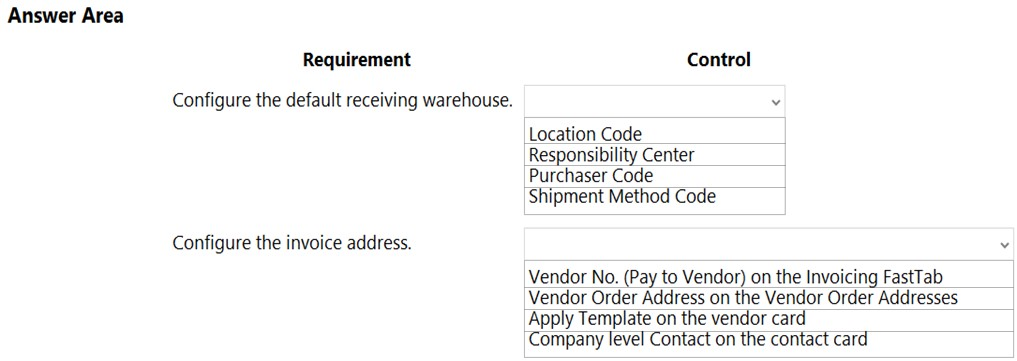 Answer Area
Requirement Control

Configure the default receiving warehouse. v

Location Code
Responsibility Center
Purchaser Code
Shipment Method Code

Configure the invoice address.

Vendor No. (Pay to Vendor) on the Invoicing FastTab
Vendor Order Address on the Vendor Order Addresses
Apply Template on the vendor card

Company level Contact on the contact card