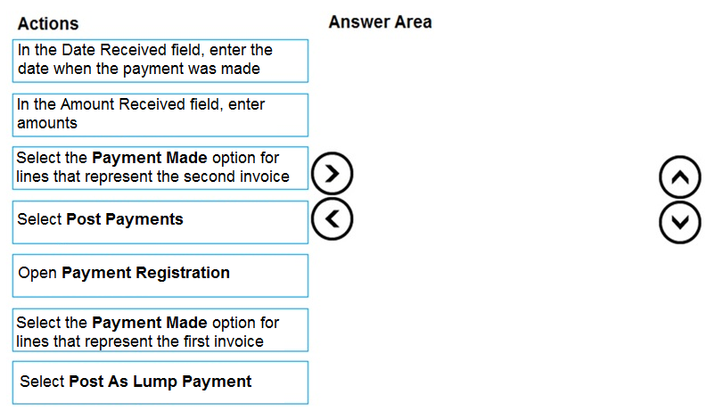 Actions

In the Date Received field, enter the
date when the payment was made

In the Amount Received field, enter
amounts

Select the Payment Made option for
lines that represent the second invoice

Select Post Payments

Open Payment Registration

Select the Payment Made option for
lines that represent the first invoice

Select Post As Lump Payment

Answer Area

@
©

©