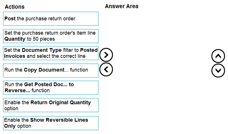 Actions

Post the purchase return order

Set the purchase return order's item line
Quantity to 50 pieces

Set the Document Type filter to Posted
Invoices and select the correct line

Run the Copy Document... function

Run the Get Posted Doc... to
Reverse... function

Enable the Return Original Quantity
option

Enable the Show Reversible Lines
Only option

Answer Area

@
©

©O