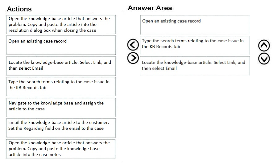 Actions

Open the knowledge-base article that answers the
problem. Copy and paste the article into the
resolution dialog box when closing the case

Open an existing case record

Locate the knowledge-base article. Select Link, and
then select Email

Type the search terms relating to the case issue in
the KB Records tab

Navigate to the knowledge base and assign the
article to the case

Email the knowledge-base article to the customer.
Set the Regarding field on the email to the case

Open the knowledge-base article that answers the
problem. Copy and paste the knowledge base
ito the case notes

Answer Area

Open an existing case record

Type the search terms relating to the case issu:
the KB Records tab

© Locate the knowledge-base article. Select Link, and
then select Email

©
©)